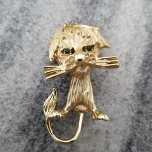 Vintage BSK Lion Brooch, Gold Tone, Rhinestone Eyes, Estate, Signed